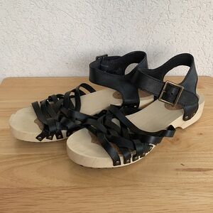 Kelsi Dagger Brooklyn wood sole black strappy sandal.